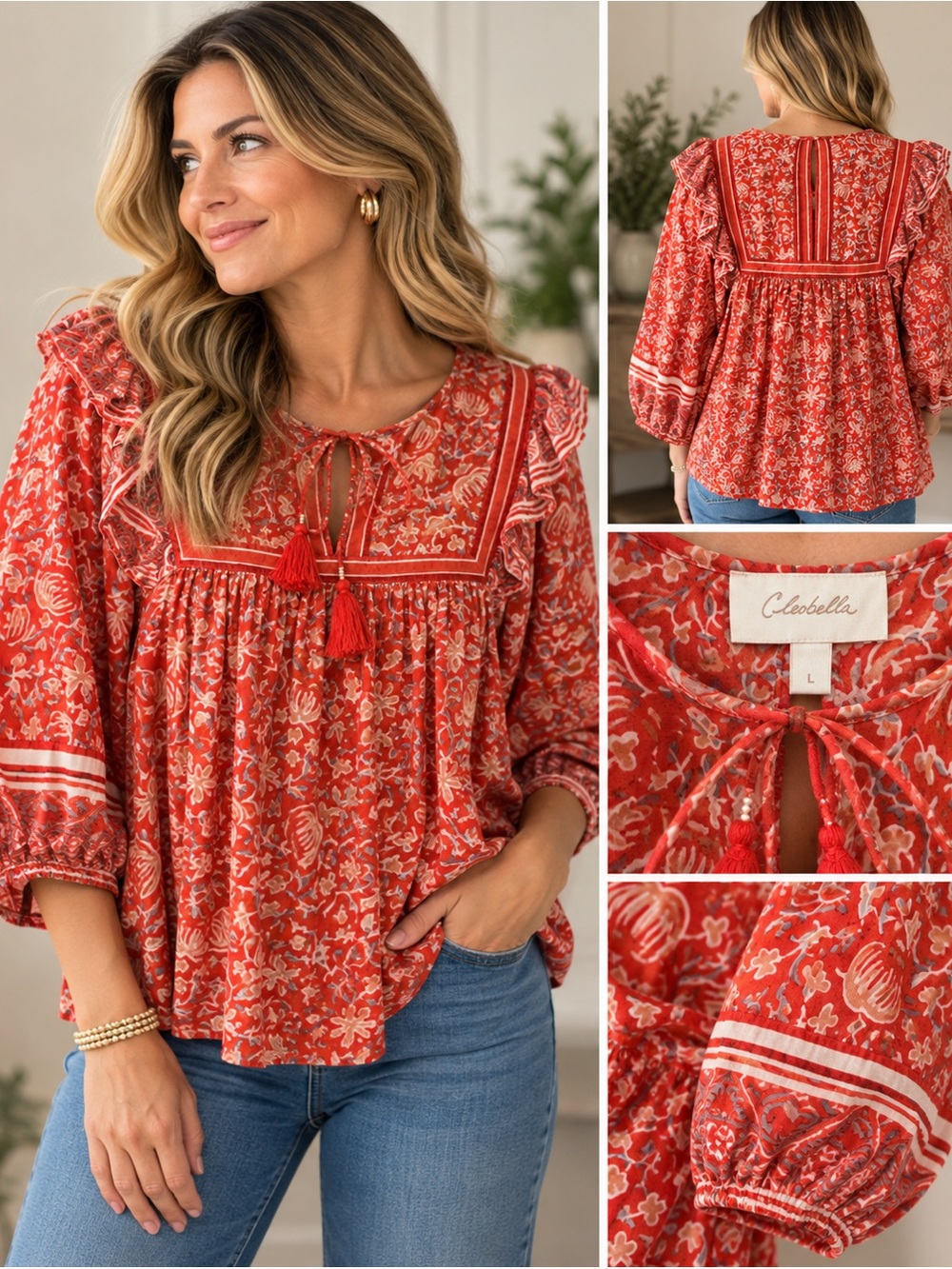 Cleobella Red Floral Organic Cotton Ruffle Tassel Tie Blouse Puff Sleeve